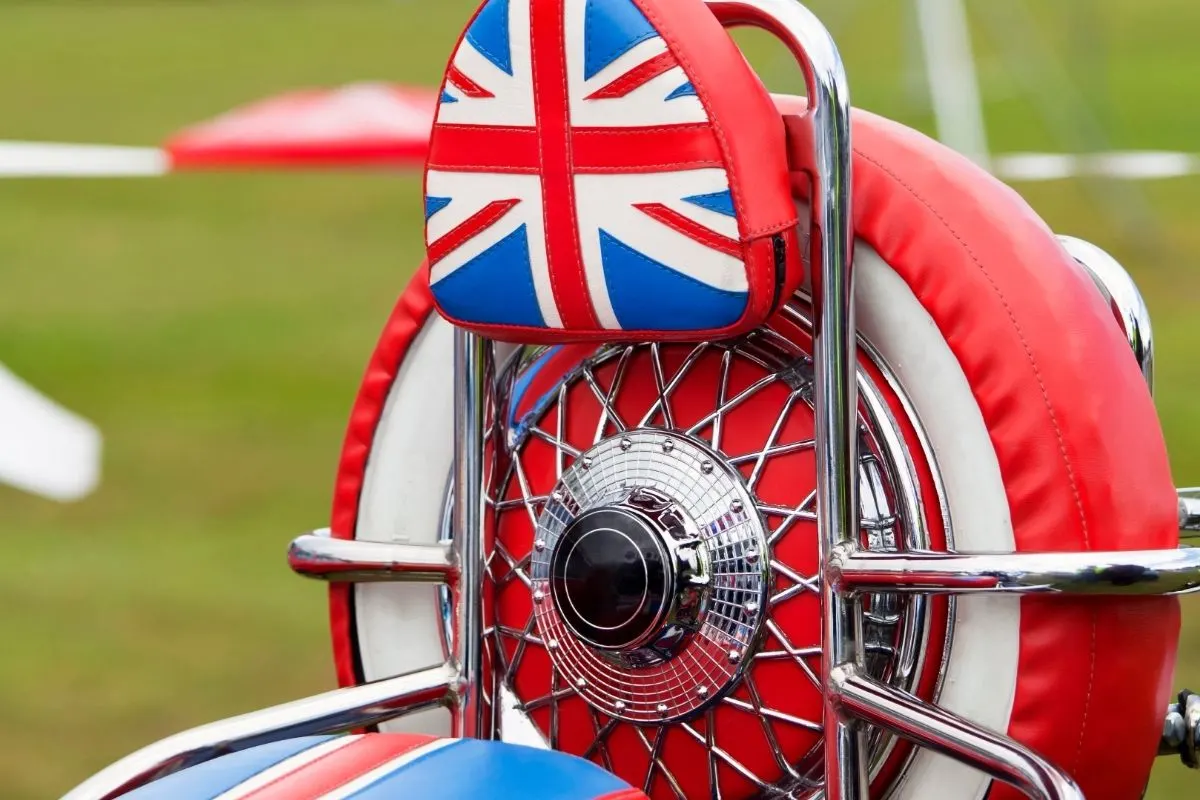 close up photo of scooter with a UK flag on it 