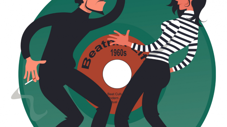 illustration of male and female in beatnik attire in front of a green record that says 
