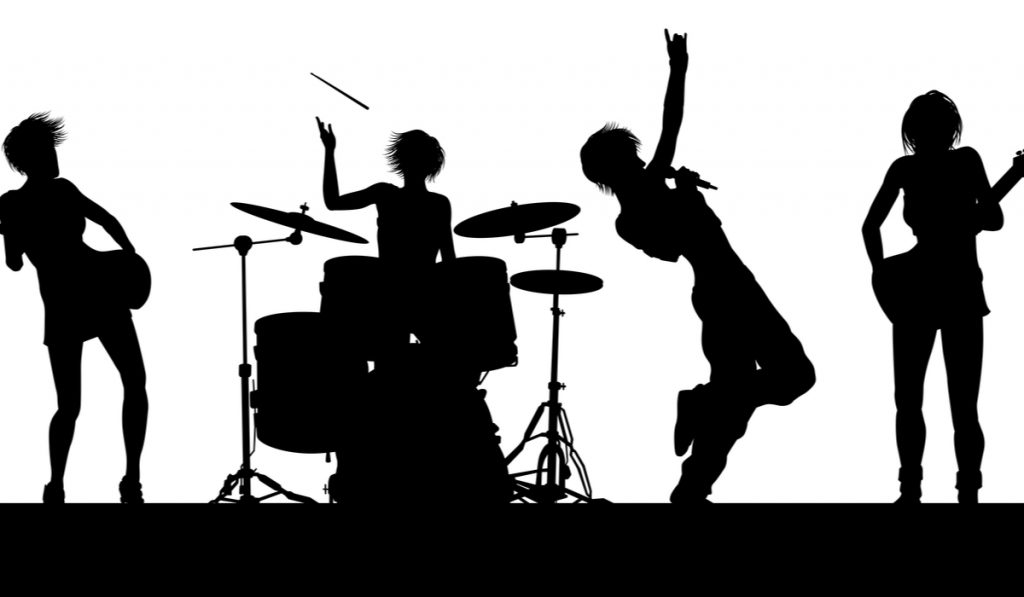 An all female women s musical group or rock band playing a concert in silhouette