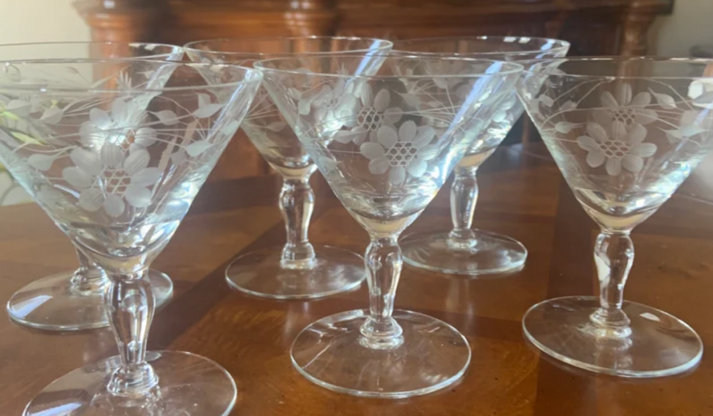 Etched Leaves and Flowers Martini Glasses