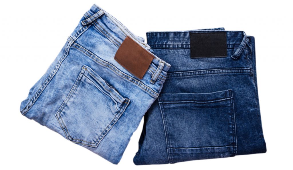 Folded denim, Blue and dark blue jeans on white background set
