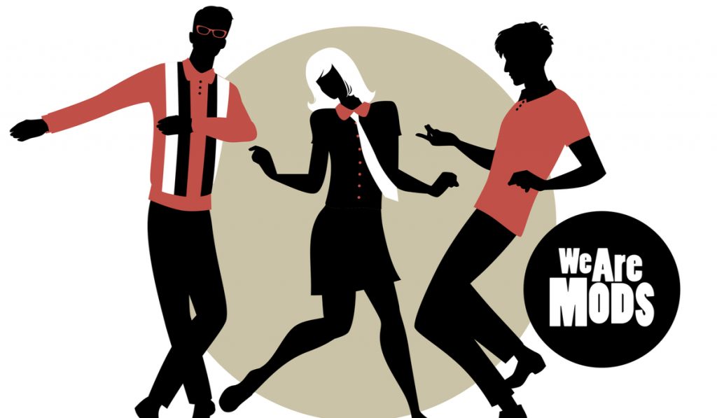  Silhouettes of two guys and girl wearing retro clothes in the 1960s Mod style dancing Northern Soul