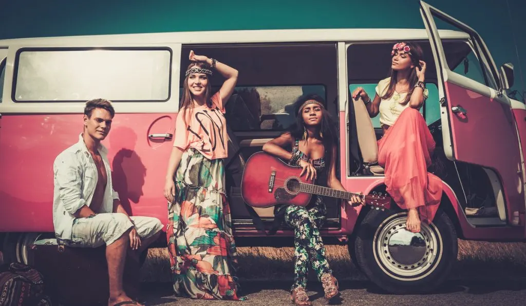 group of hippie friends on a road trip