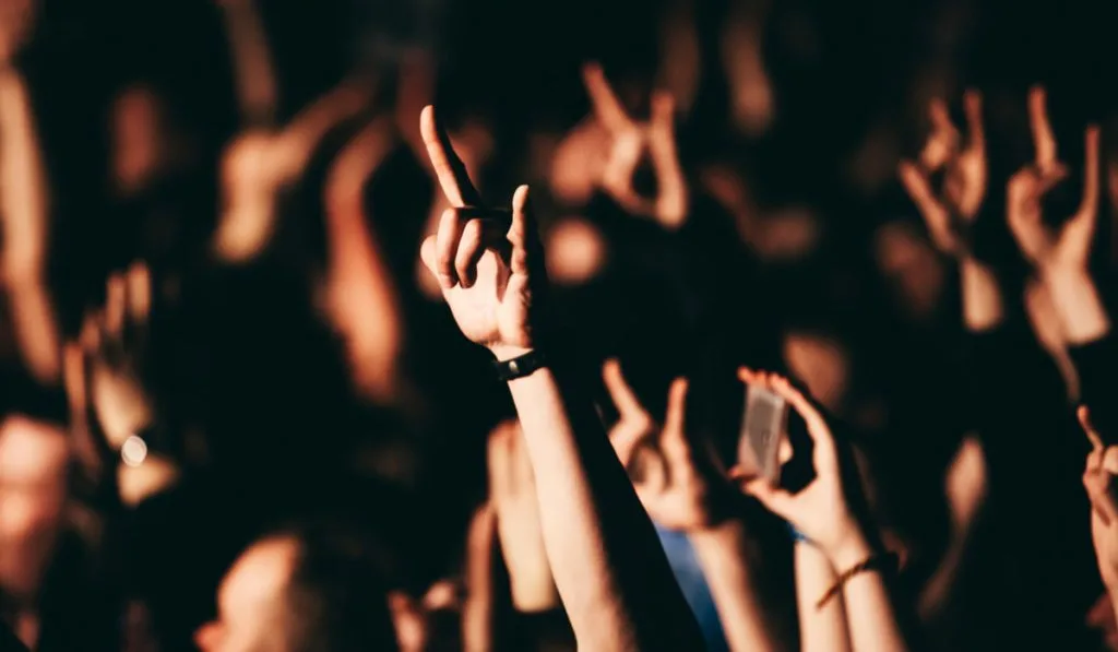 group pf people in a concert raising their two finger rock hand